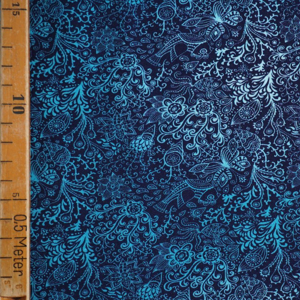 Baumwolljersey Zeichnungen Blüten Kringel blau türkis